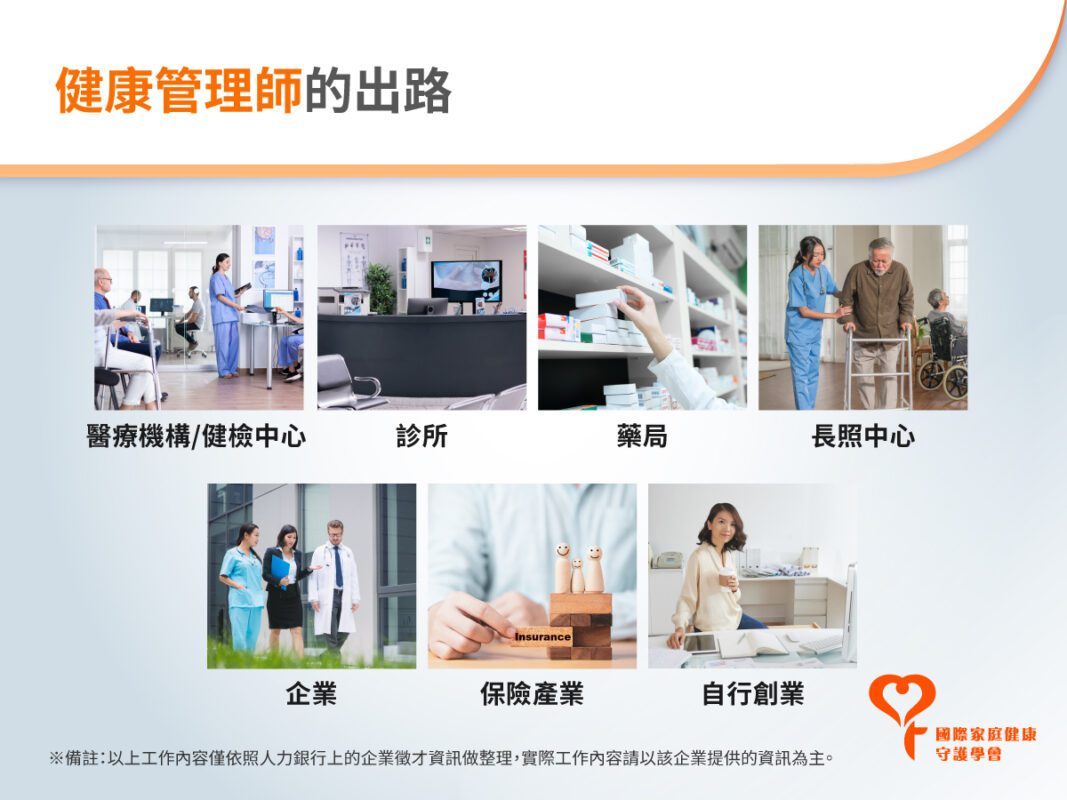 健康管理師的出路廣泛，包含醫療機構、健檢中心、診所、藥局、長照中心、企業、保險產業、自行創業都是常見的就業、轉職機構。